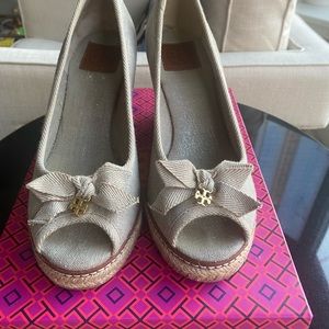 Tory Burch, canvas, shimmer, espadrille wedge